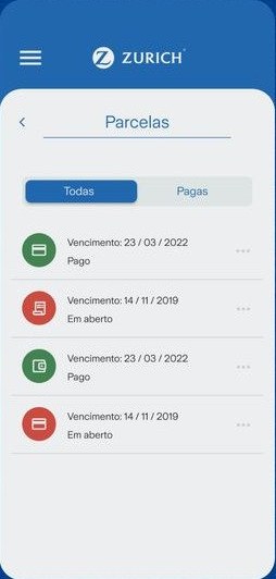 Zurich app payments screen listing paid and open installments