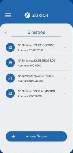 Zurich app screen listing a customer’s claims, with a large button at the bottom