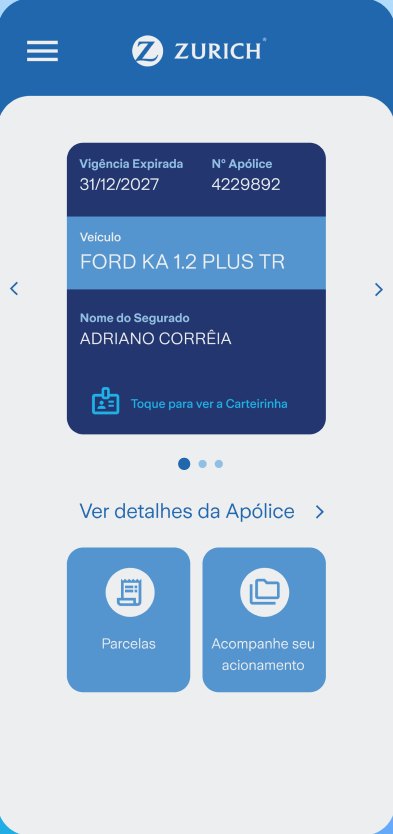 Zurich app home screen with the digital policy card at the top