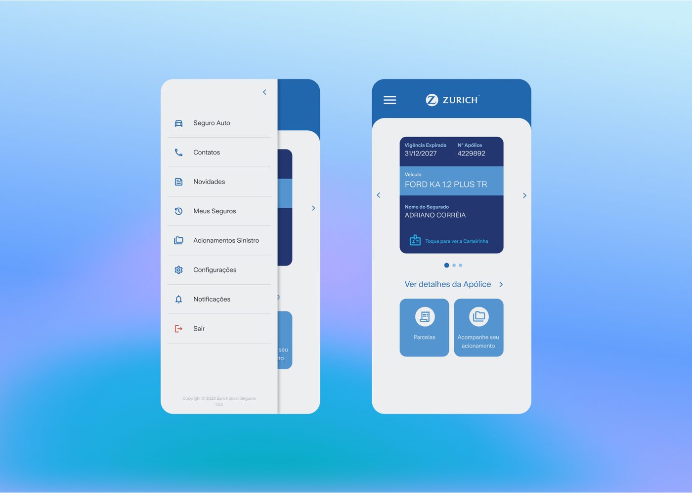 Zurich One Seguros app: side menu and home screen with the digital policy card