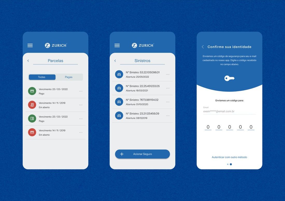 Zurich One Seguros app screens: invoice list, claims list, and identity confirmation